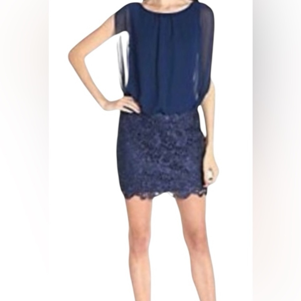 Aidan Mattox Deep Blue Sheer Blouson with Lace Skirt Dress 10